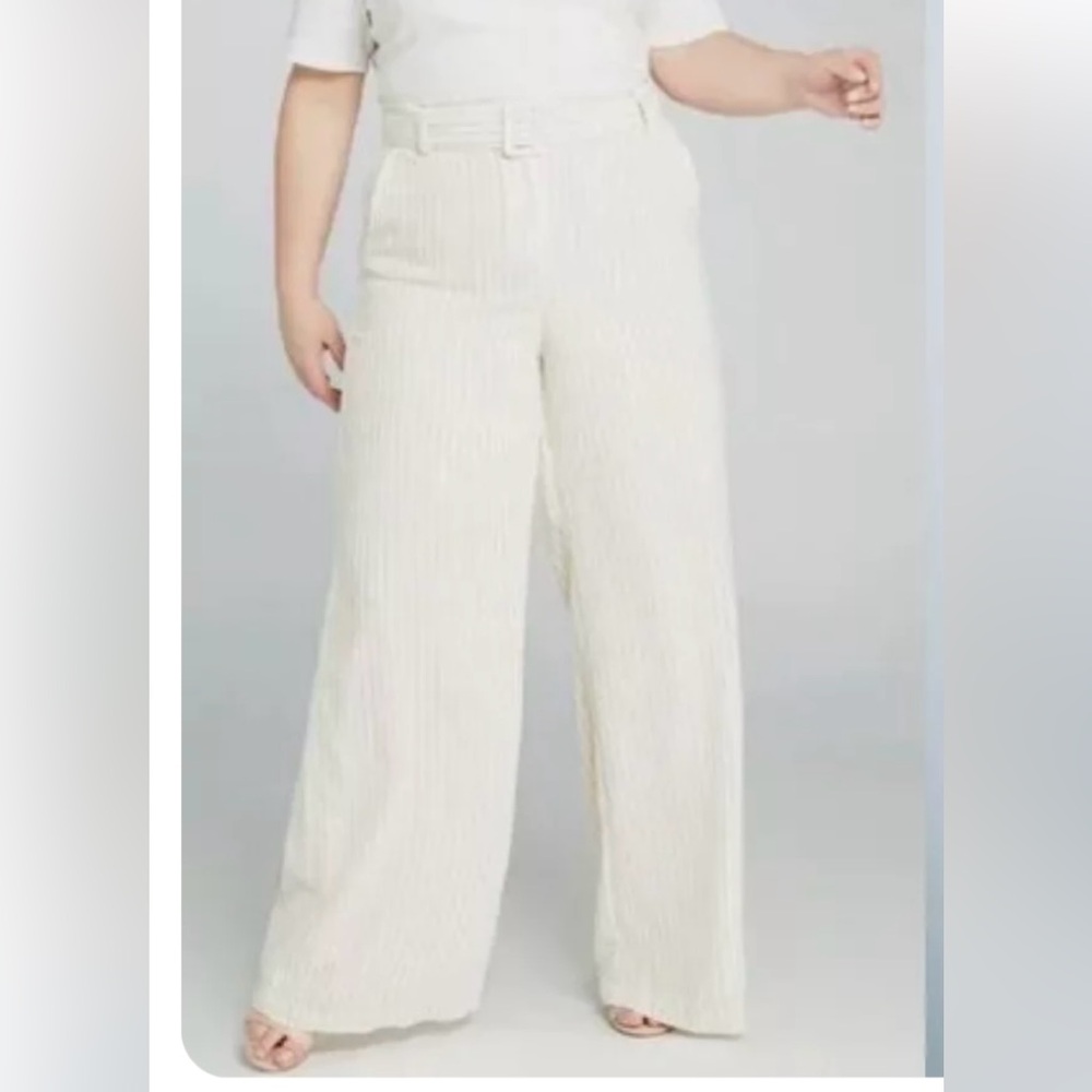 Lane Bryant Linen Blend Wide-Leg Cream Pinstripe Belted Pants Size